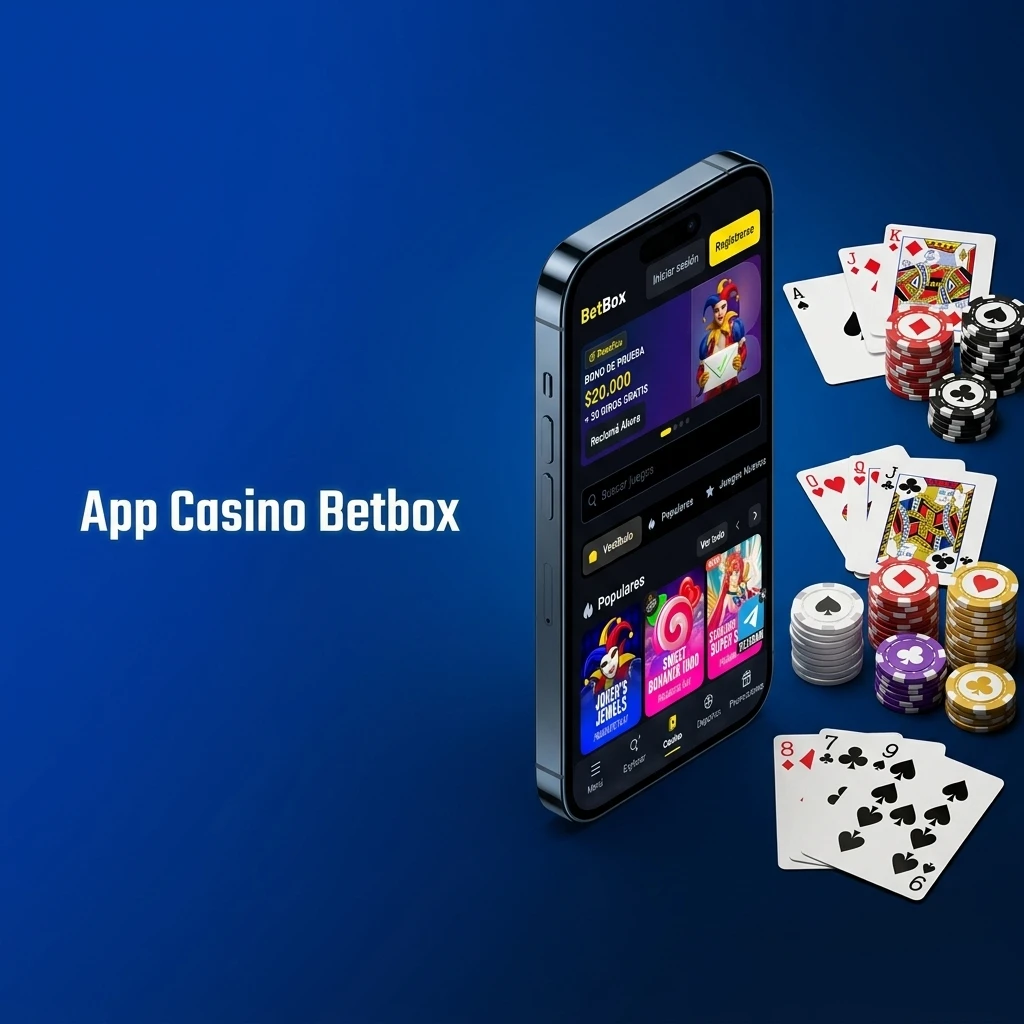 Pantalla de la app casino Betbox en un celular con tragamonedas y mesas con crupieres en vivo.