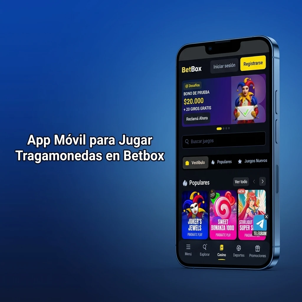 Pantalla de la app móvil de Betbox en un celular para jugar tragamonedas por dinero real.