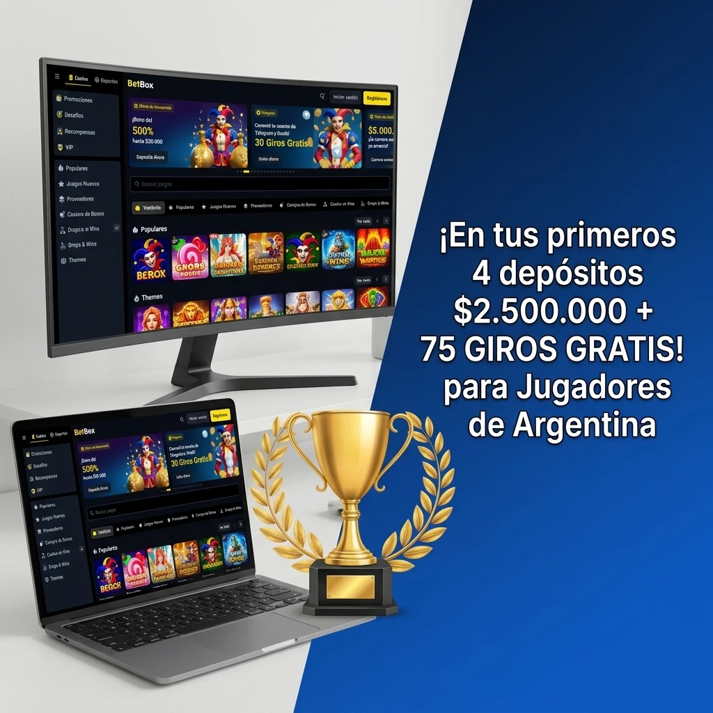 Bono de bienvenida en casino Betbox Argentina: llevate $2.500.000 y 75 giros gratis en tus primeros 4 depósitos.