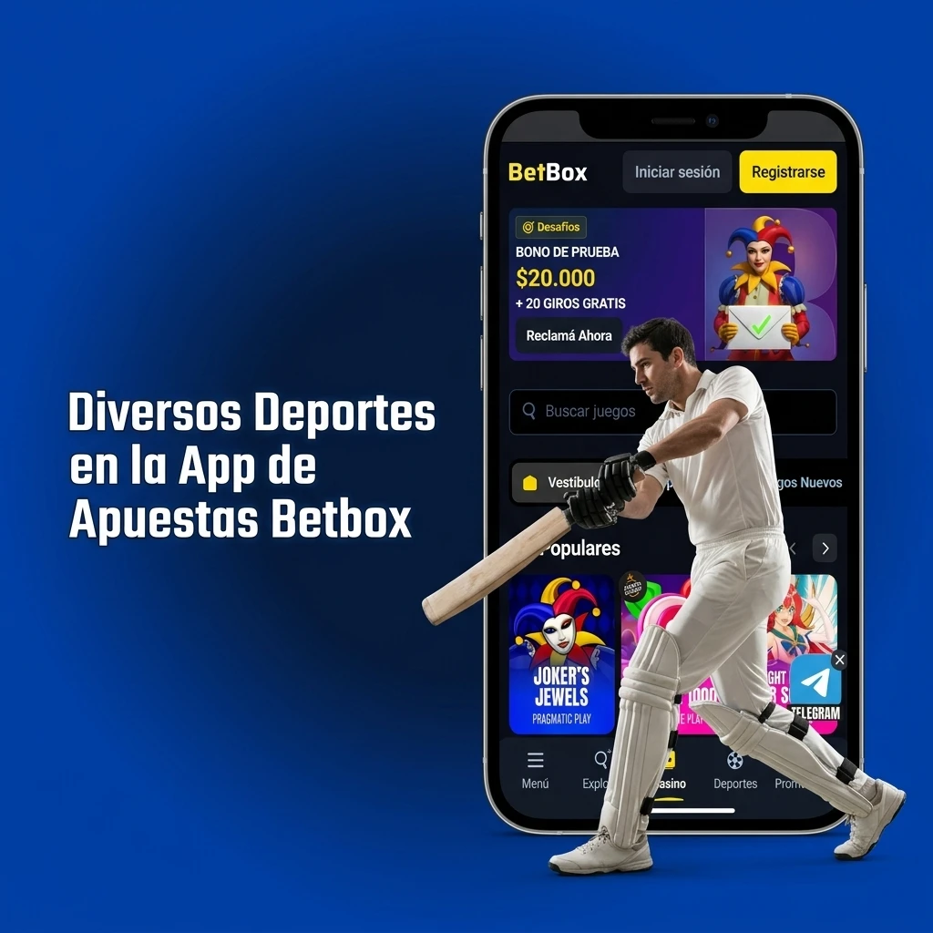 Diversos deportes y opciones de apuestas en vivo en la app Betbox, como fútbol, básquet, tenis y eSports.