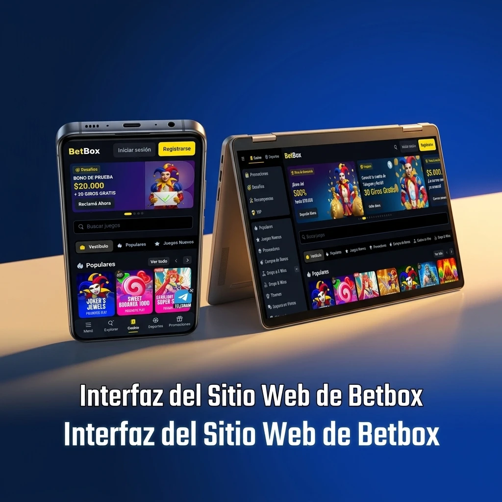 Interfaz moderna del sitio web de Betbox con menú superior de deportes, juegos y ajuste de cuotas.