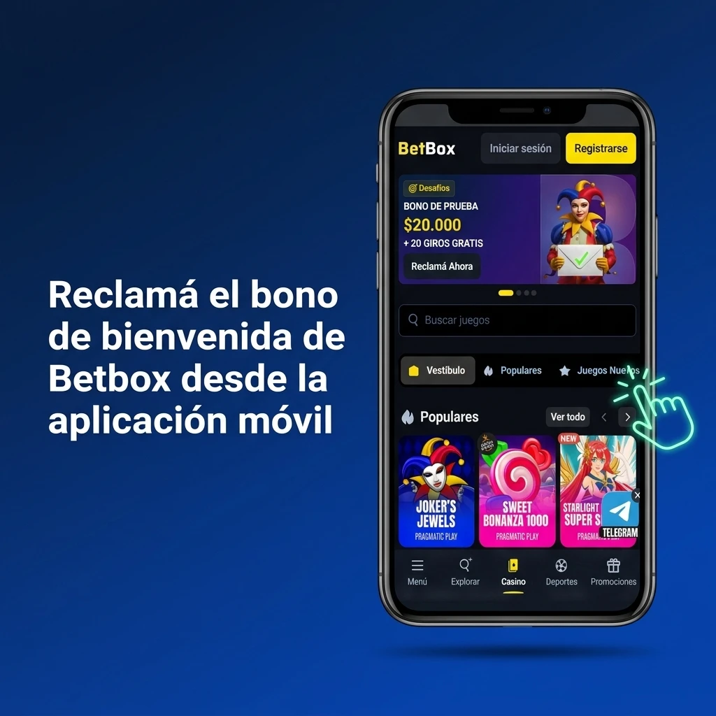Celular mostrando la aplicación móvil de Betbox para reclamar el bono de bienvenida.