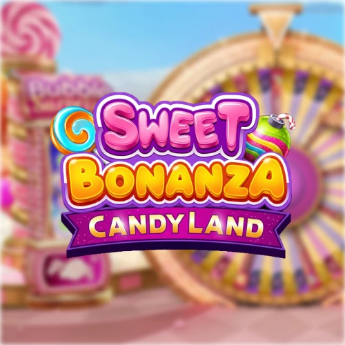 Logotipo de Sweet Bonanza CandyLand con un paisaje de dulces.